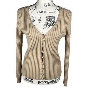 WAYF Beige Ribbed Knit Long-Sleeve V-NECK Button-Up Top Sz L